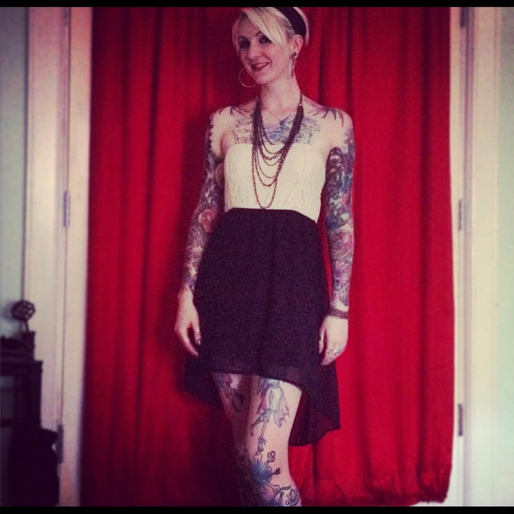 Lace & Sheer Hi Low Black Cream Strapless Dress S